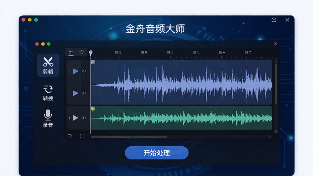主体为金舟音频大师软件界面展示图,背景为深蓝色科技感渐变,界面中央显示音频波形编辑轨道,左侧有“剪辑”“转换”“录音”功能图标,下方有“开始处理”按钮,整体排版清晰,风格现代简约,画质高清,干净无多余元素