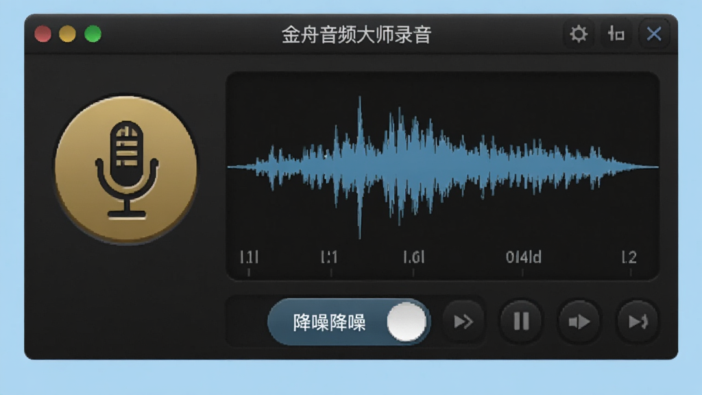 主体为金舟音频大师录音界面,显示麦克风图标与实时音量波形,下方有降噪开关按钮,背景为浅蓝色,布局清晰,风格简约,细节丰富,画质干净