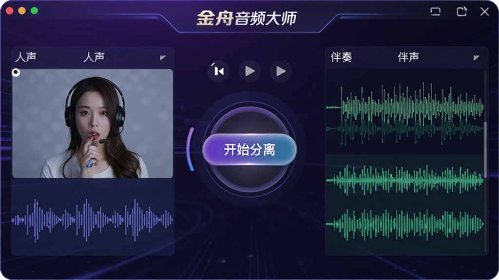 主体为金舟音频大师人声分离功能展示,界面左右分别显示“人声”和“伴奏”两个音轨,中央有“开始分离”按钮,背景为渐变紫色,排版简洁,风格科技感,细节丰富,画质高清