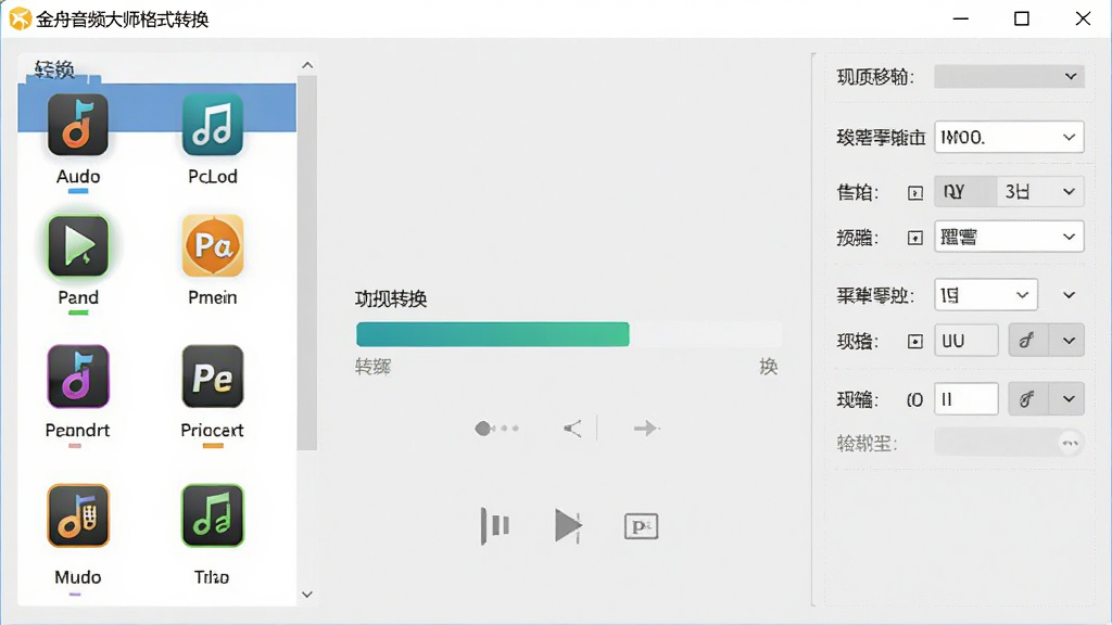 主体为金舟音频大师格式转换功能界面,左侧列表显示多种音频格式图标,中央为转换进度条,右侧为输出参数设置面板,背景为浅灰色,排版整洁,风格商务,细节丰富,画质清晰,无多余元素