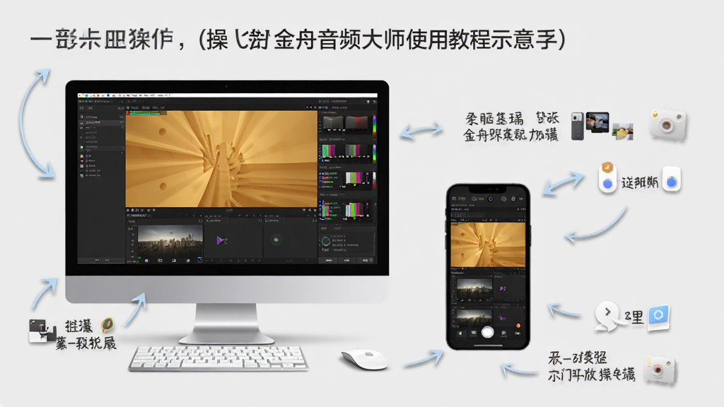 主体为金舟音频大师使用教程示意图,显示电脑端和手机端两个设备同时运行软件,周围有操作步骤标注箭头,背景为浅灰色,排版教学风格,细节丰富,画质清晰
