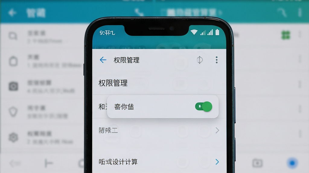一部手机正在运行和平隐藏计算器的设置界面,屏幕上清晰显示“权限管理”页面,悬浮窗权限已开启,背景是模糊的安卓系统设置界面,整体布局居中,排版清晰,写实风格,细节丰富,画质高清,干净无多余元素