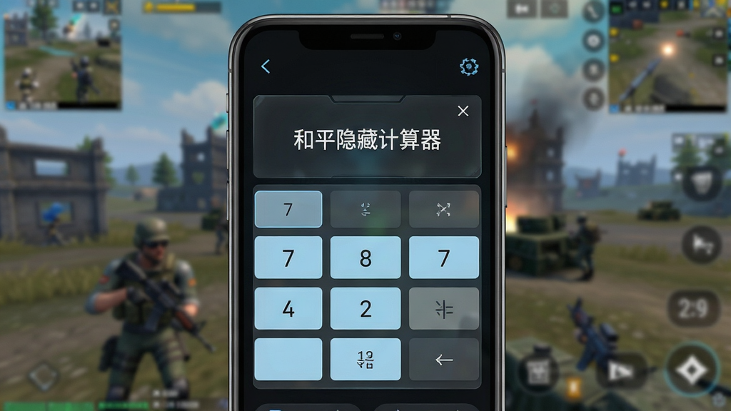 一张智能手机屏幕特写,屏幕中央清晰显示“和平隐藏计算器”主界面,界面风格为深色科技感,带有淡蓝色数字按键和半透明面板,背景是模糊的和平精英游戏战场,整体布局居中,排版简洁,写实风格,细节丰富,画质高清,干净无多余元素