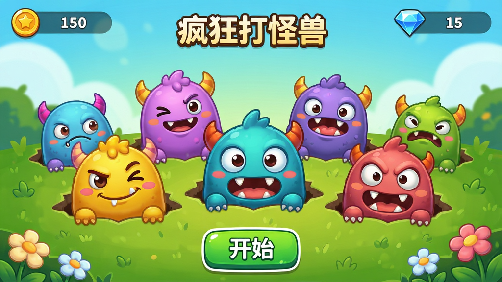 主体:一款名为“疯狂打怪兽”的手机游戏主界面,展示色彩鲜艳的卡通风格场景,画面中央有多个呆萌怪兽从地洞中探头。布局:游戏UI清晰,顶部显示金币和钻石数量,底部有开始按钮,整体采用居中构图。排版:界面元素疏密有致,怪兽大小错落,按钮醒目。风格:明亮卡通,Q版可爱,色彩饱和度高。细节:怪兽表情各异,有的眨眼有的呲牙,地面有草地和花朵装饰。画质:高清,干净,无多余元素。