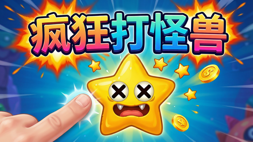 主体:“疯狂打怪兽”游戏内连击画面,玩家手指点击一只黄色星星形状的怪兽,屏幕上方显示巨大的连击数字。布局:手指位于画面左下角,怪兽居中,连击数字占据屏幕顶部三分之一。排版:连击数字用夸张的彩色字体表现,周围有爆炸特效。风格:动态感强,色彩绚丽。细节:怪兽被击中后眼睛变成X形,有星星和金币飞溅效果。画质:高清,干净,无多余元素。