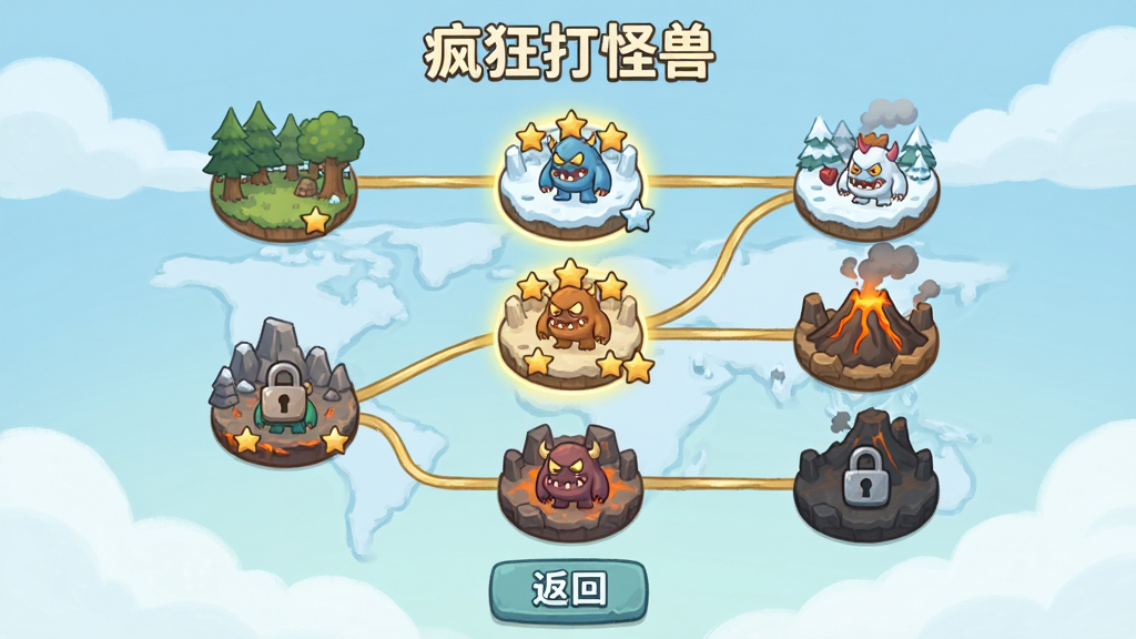 主体:“疯狂打怪兽”游戏关卡选择界面,显示多个不同主题的地图节点,如森林、雪地、火山等,每个节点上有一个怪兽图标。布局:地图纵向排列,当前关卡高亮,底部有返回按钮。排版:节点大小统一,用金色线条连接,背景为淡蓝色天空。风格:手绘卡通风格,色彩柔和。细节:已通关节点有星星标记,未解锁节点有锁头图标。画质:高清,干净,无多余元素。