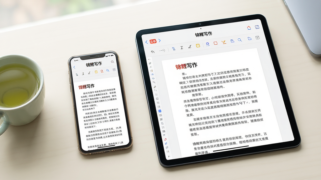 主体:一部手机和一台平板电脑并排放在书桌上,屏幕上都显示着锦鲤写作的编辑界面。布局:手机在左,平板在右,形成对比。排版:两块屏幕均展示文档编辑页面,有段落文字和工具栏图标。风格:简洁的办公学习风格,色彩柔和。细节:屏幕上显示“锦鲤写作”的Logo,旁边有一杯绿茶。画质:高清晰度,自然光照明,画面干净,无多余元素。