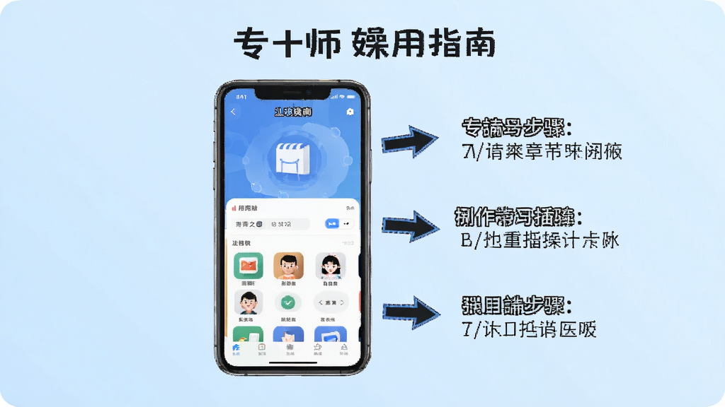 专大师使用指南插图,手机屏幕显示App主界面,旁边有操作步骤标注箭头,背景为浅蓝色渐变,风格简洁明了,画质干净,无多余元素