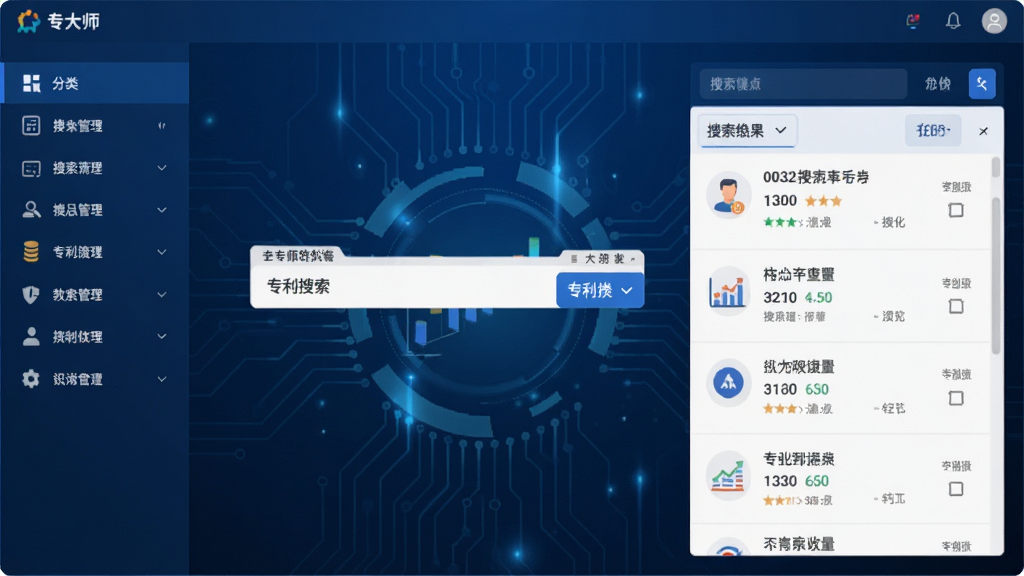 专大师软件主界面展示,背景为深蓝色科技感界面,中央显示专利搜索框,左侧为分类导航栏,右侧为搜索结果列表,整体布局简洁清晰,现代扁平化设计风格,细节丰富,画质高清干净,无多余元素