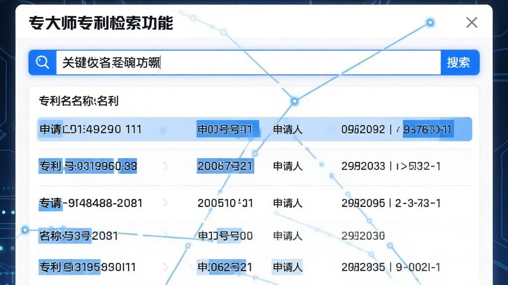 专大师专利检索功能截图,画面显示搜索框内输入关键词,下方展示多条专利列表,每条包含专利名称、申请号、申请人、日期等信息,界面以白色为底色,蓝色高亮关键数据,排版整齐,科技感风格,画质清晰干净