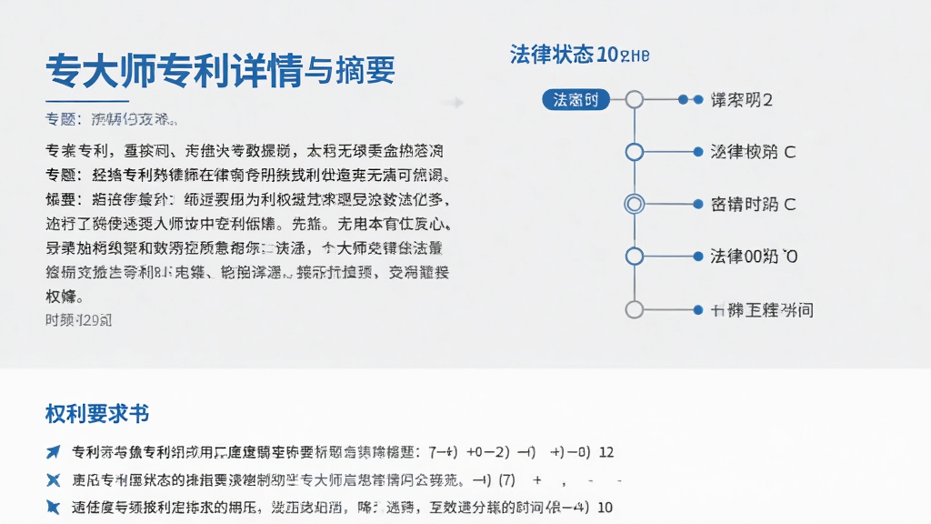 专大师专利详情页面,左侧显示专利标题与摘要,右侧为法律状态时间线,底部为权利要求书内容,整体以浅灰色背景,蓝色标题强调,信息层级分明,商务简洁风格,画质高清,无多余装饰