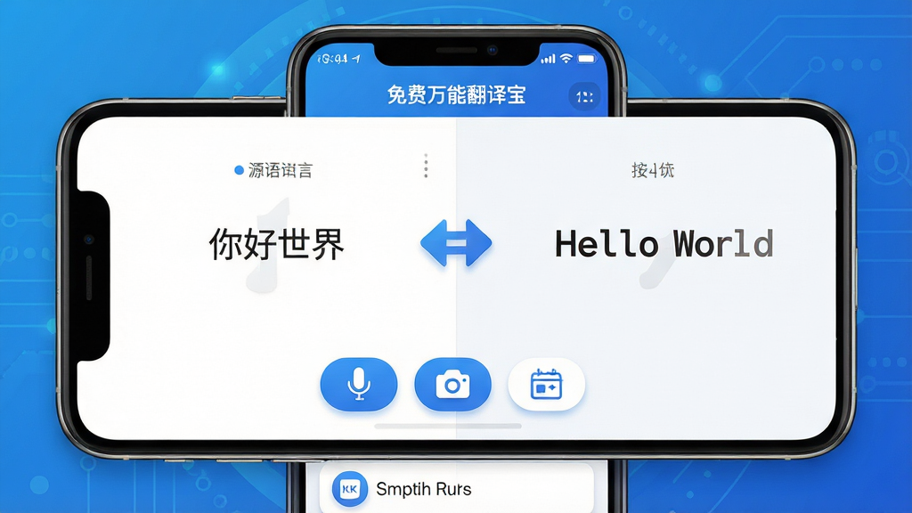 主体:一款名为“免费万能翻译宝”的智能手机应用界面,屏幕中央显示中英互译结果,下方有语音、拍照、文本输入按钮。布局:手机居中,背景为渐变蓝色科技感,界面元素清晰排列,左侧为源语言区,右侧为目标语言区,中间有双向箭头。排版:界面文字使用无衬线字体,按钮采用圆角设计,色彩明快,整体布局简洁直观。风格:现代扁平化设计风格,色彩以蓝白为主,带有轻微的拟物阴影效果。细节:手机屏幕内显示“你好世界”翻译为“Hello World”,顶部状态栏显示电量与时间,底部有翻译历史记录图标。画质:高清渲染,8K分辨率,光线柔和,干净无多余元素。