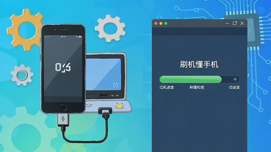一张展示“秒懂手机”一键刷机功能的示意图,左侧是手机连接电脑的卡通插画,右侧是软件界面中的刷机进度条,背景有齿轮和电路板元素,整体风格明亮活泼,画质干净无多余元素