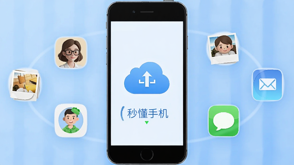 一张展示“秒懂手机”数据备份功能的示意图,手机屏幕上有云朵和备份图标,周围环绕联系人、照片、短信等小图标,背景为柔和的蓝色渐变,画质干净无多余元素
