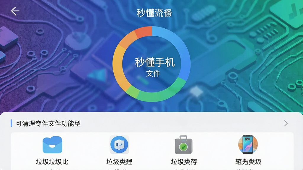 一张展示“秒懂手机”系统优化功能的界面截图,主区域显示手机存储空间的环形图,下方列出可清理的垃圾文件类型,背景为渐变色科技纹理,画质干净无多余元素
