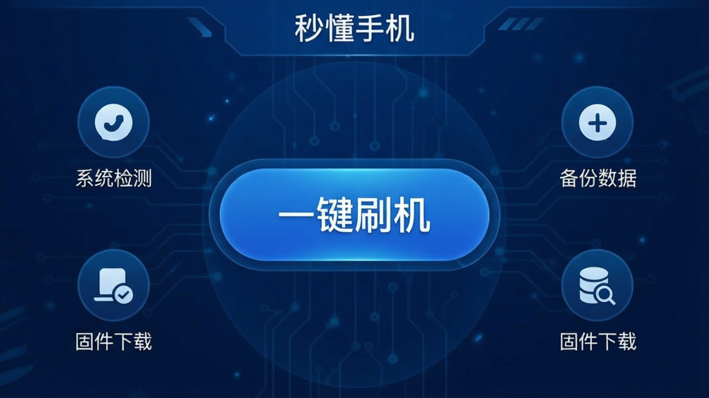 一张展示“秒懂手机”软件主界面的高清截图,界面采用深蓝色科技风格,中央大按钮写着“一键刷机”,周围环绕着系统检测、备份数据、固件下载等图标,布局清晰简洁,画质干净无多余元素