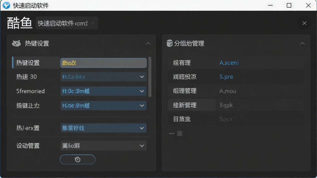酷鱼快速启动软件设置界面,展示热键设置和分组管理选项,背景为深灰色调,界面清晰,选项排列整齐,风格专业,细节丰富,画质高清