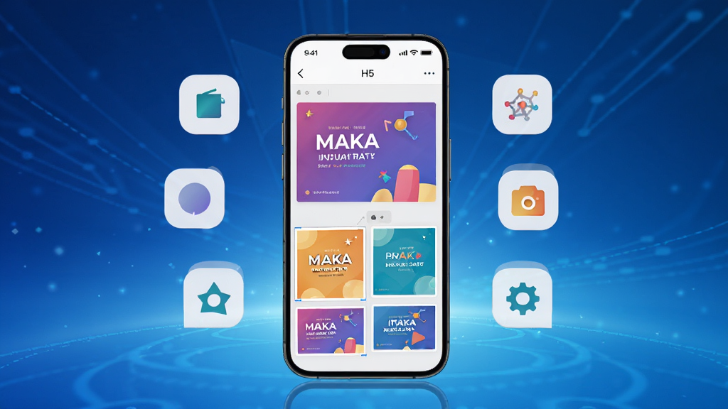 MAKA创意设计软件主视觉图,画面中央展示手机屏幕上的H5页面编辑界面,屏幕内可见色彩丰富的海报模板与动画元素,周围环绕各种图形工具图标,背景为渐变蓝色科技感氛围,整体风格现代简约,高清画质,干净无多余元素