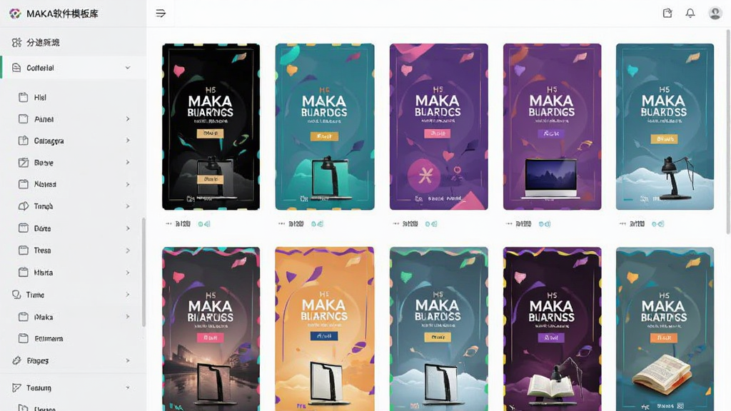 MAKA软件模板库界面截图,左侧为分类列表,右侧展示多张精美的H5模板缩略图,每张缩略图都有不同主题配色,界面布局清晰,整体风格清爽,画质清晰,无多余元素
