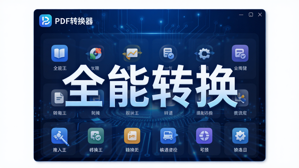 画面中央展示“全能王PDF转换器”主界面,深蓝色科技感背景,界面中各类转换功能图标整齐排列,左上角有软件Logo,整体风格简洁明亮,突出“全能转换”四个字,高清渲染,画质细腻,无多余元素。