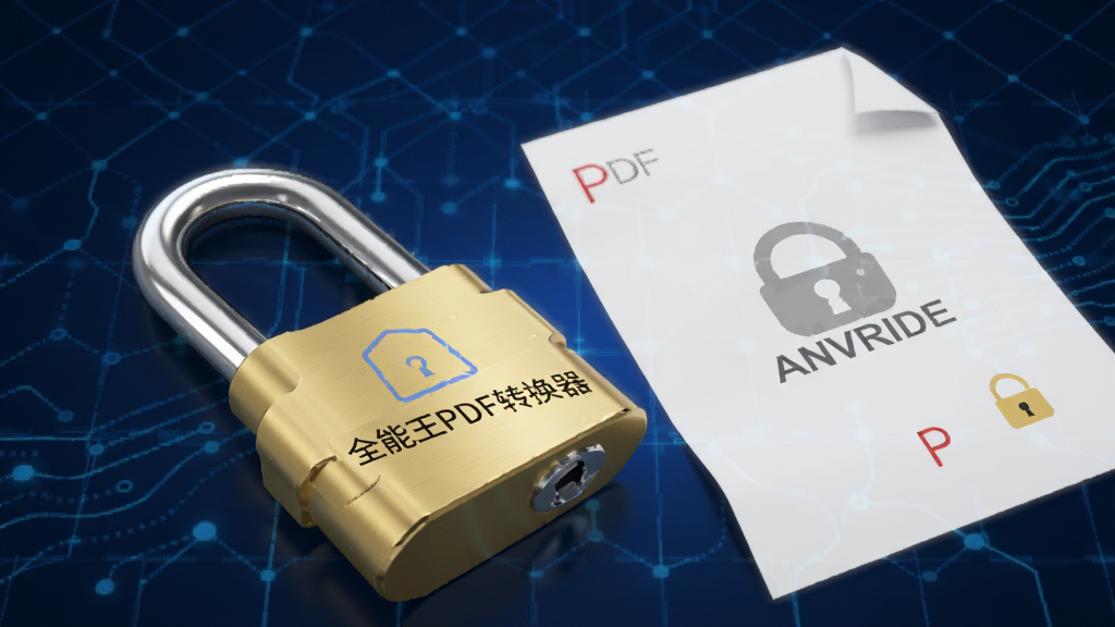 一把金色安全锁与一份PDF文件并排摆放,锁上带有“全能王PDF转换器”字样,背景为深蓝色科技感网格,文件上隐约可见加密水印,构图简洁,突出安全防护主题,高清画质,无多余杂物。