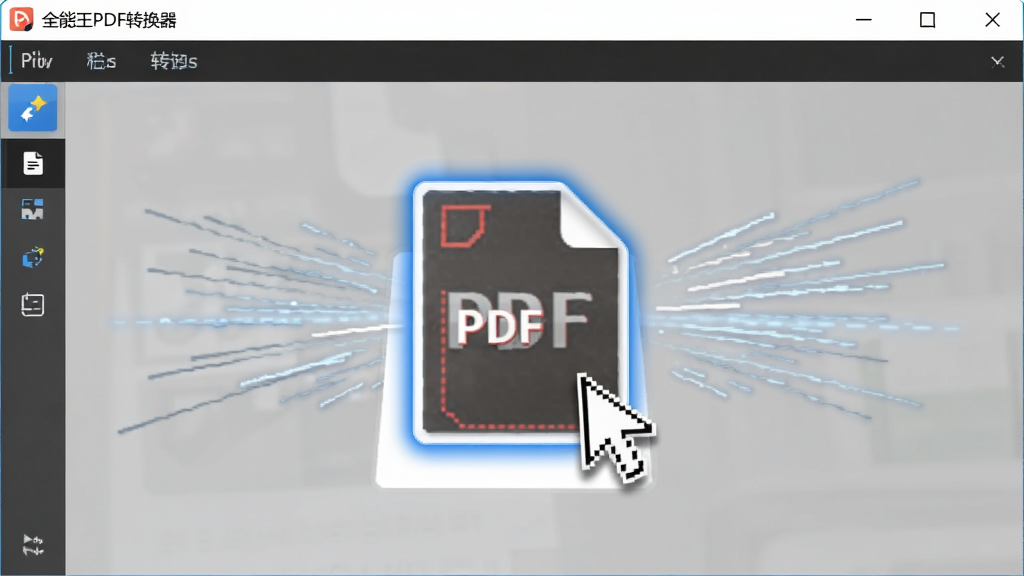 一位用户正在使用“全能王PDF转换器”将PDF文件拖拽到软件窗口的动画截图,鼠标指针悬停,文件图标带有高亮边框,背景有快速转换的线条特效,风格写实,画质清晰。