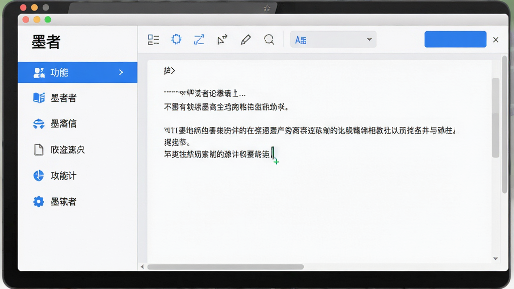 主体:墨者软件主界面,展示一个简洁的文本编辑区与侧边功能栏;布局:左侧功能列表,右侧大面积编辑区域,顶部有工具栏;排版:清晰的分栏式布局,功能图标排列整齐;风格:现代简约,浅色调背景,蓝色点缀;细节:屏幕上显示“墨者”字样及示例文本片段,光标闪烁;画质:高清,干净,无多余元素