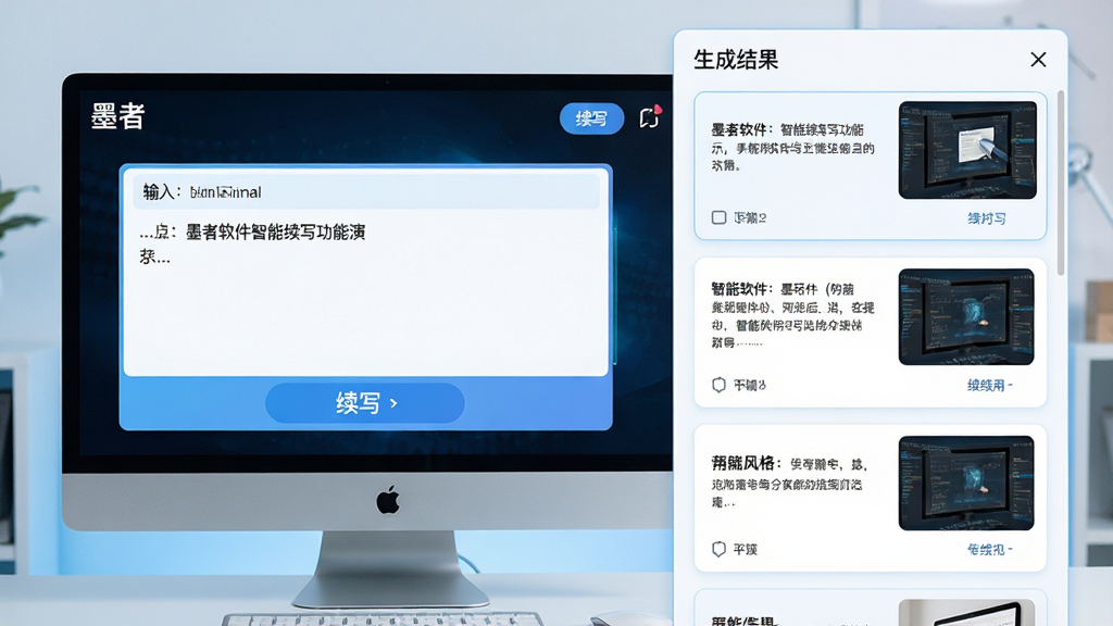 主体:墨者软件的智能续写功能演示,展示一段文字输入后由AI生成的多个续写选项;布局:左侧输入框,右侧生成结果列表,每个选项带预览卡片;排版:卡片式排列,清晰对比不同风格;风格:现代科技感,浅蓝与白色搭配;细节:屏幕上显示“墨者”logo及“续写”按钮,文字清晰可读;画质:高清,干净,无多余元素