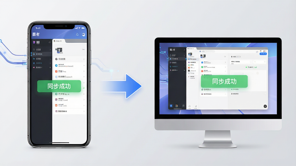 主体:墨者软件在手机与电脑上的双屏操作演示,展示跨平台同步功能;布局:左侧手机屏幕,右侧电脑屏幕,中间有同步箭头;排版:左右对称,画面平衡;风格:科技感,背景为浅灰渐变;细节:手机与电脑屏幕上均显示“墨者”界面,并标注“同步成功”字样;画质:高清,干净,无多余元素