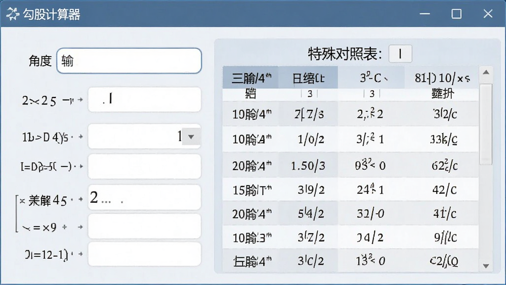 画面主体为“勾股计算器”软件的三角函数界面,包含角度输入框与三角函数值输出列表,布局纵向排列,排版规整,风格清新学术,细节显示特殊角度对照表,画质清晰无多余元素