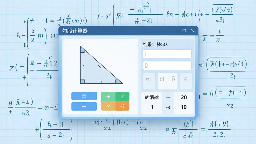 画面主体为“勾股计算器”软件界面悬浮于浅蓝色数学网格背景之上,界面显示直角三角形图示与输入框,布局居中,排版简洁,风格清新科技感,细节包含计算按钮与结果展示区,画质高清干净,无多余元素