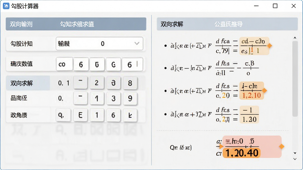 画面主体为“勾股计算器”软件的双向求解界面,左侧输入已知数值,右侧展示公式推导步骤,布局左右分栏,排版清晰,风格简洁商务,细节高亮计算结果,画质干净无多余元素