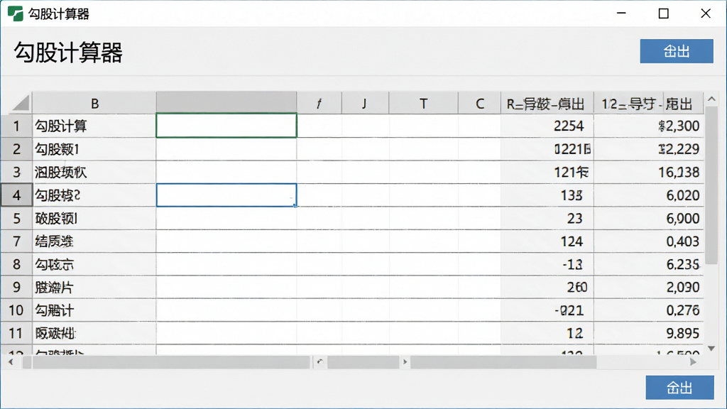画面主体为“勾股计算器”软件的批量计算表格界面,多行数据输入与结果并排展示,布局表格形式,排版紧凑,风格商务简洁,细节包含导出按钮,画质干净无多余元素