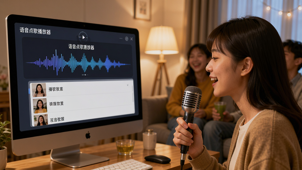 展示用户对着麦克风说出歌名,电脑屏幕上的“语音点歌播放器”界面立即弹出匹配结果,界面带有语音波形动画和歌曲列表,背景为温馨的客厅聚会场景,画面主体为软件界面与麦克风,布局清晰,风格写实,画质细腻,干净无多余元素