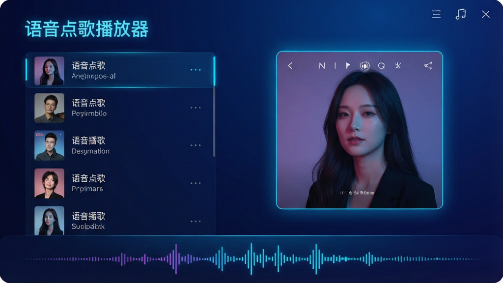 一张现代简约风格的软件主界面截图,显示“语音点歌播放器”字样,界面左侧为歌曲列表,右侧为专辑封面大图,底部有语音波形动画,整体色调以深蓝渐变为主,搭配霓虹光效,布局清爽,画质清晰,干净无多余元素