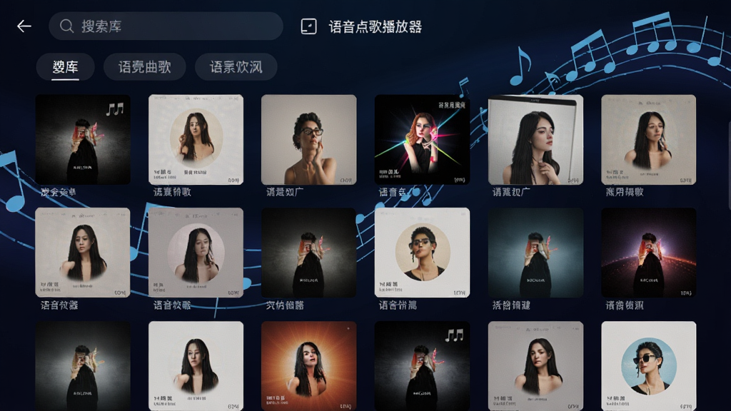 一张展示“语音点歌播放器”曲库界面的图片,界面以网格形式展示各类专辑封面,顶部有搜索框和分类标签,背景为流动的音乐符号,整体风格科技感十足,布局密集而有序,画质清晰,干净无多余元素