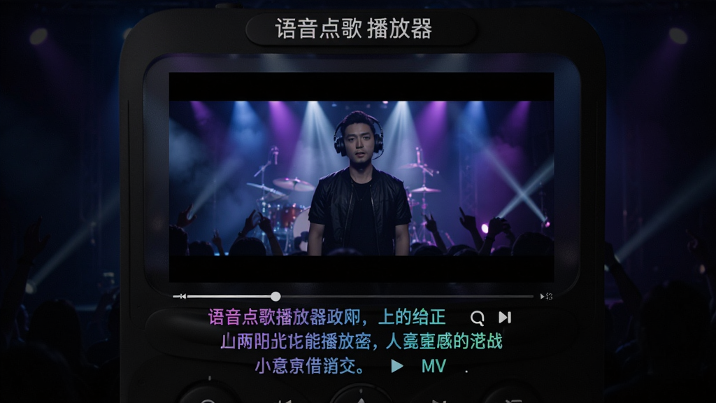 一张“语音点歌播放器”播放MV时的画面,屏幕中央显示高清MV视频,下方是动态歌词,歌词带有渐变色效果,背景为暗色舞台灯光,整体氛围炫酷,布局居中,画质高清,干净无多余元素