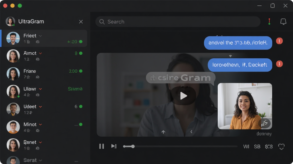 UltraGram软件主界面预览图,主体为深色模式下的对话列表与高清视频播放窗口并排布局,左侧好友分组栏,右侧聊天区域显示气泡消息与图片,顶部搜索框,整体排版简洁现代,风格为科技感扁平化,细节包含在线状态小圆点与未读消息角标,画质清晰,干净无多余元素