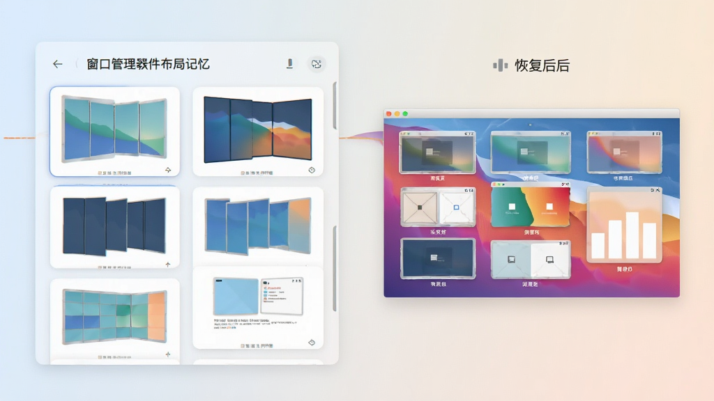 窗口管理器软件布局记忆功能示意图,屏幕左侧显示多个布局方案卡片,右侧为恢复后的窗口排列效果,背景为柔和浅色,界面简洁,高分辨率,画质干净,无多余元素