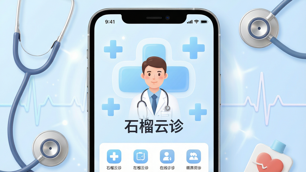画面主体为智能手机屏幕展示石榴云诊APP的在线问诊界面,屏幕中央有穿着白大褂的医生头像和文字“石榴云诊”字样,背景为淡蓝色医疗十字图标与柔和光效。布局采用手机居中特写,周围环绕听诊器、心电图线条等医疗元素。排版简洁大气,突出APP名称与医生形象。风格为现代扁平化结合轻微3D渲染,细节包括清晰的界面图标与流畅的线条,画质高清干净,无多余元素。