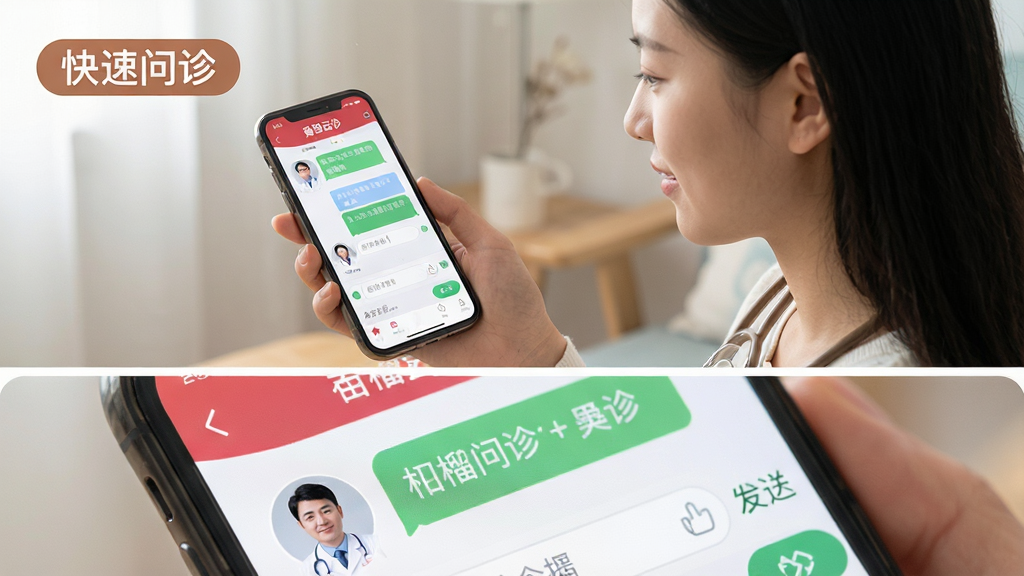 图片主体为一位年轻女性用户手持手机正在使用石榴云诊APP进行图文咨询,手机屏幕放大显示对话气泡与医生回复。布局采用上下结构,上方是用户操作场景,下方是APP界面细节特写。排版干净,突出“快速问诊”文字标签。风格为写实摄影与UI界面结合,细节包括屏幕上的医生头像、输入框和发送按钮,画质细腻真实,色彩柔和自然,无多余装饰元素。
