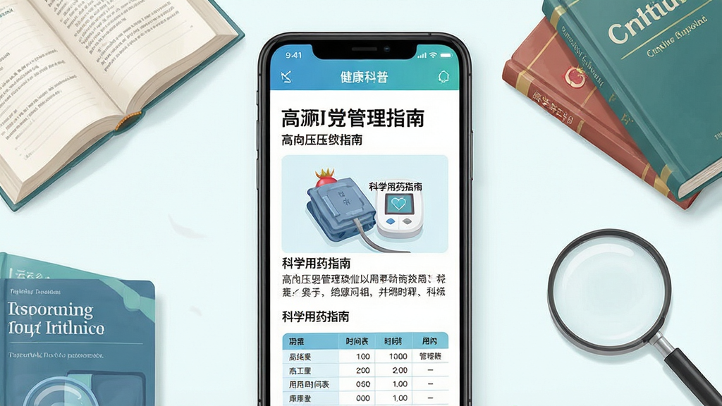 主体为打开的石榴云诊APP健康科普页面,屏幕展示一篇关于高血压管理的文章,配有血压计图片和文字“科学用药指南”。布局采用手机竖屏界面展示,周围散落着几本医学书籍和放大镜。排版简洁,突出文章标题与配图。风格为清新医学插画与UI结合,细节包括文章段落、小标题、用药时间表,画质干净明亮,无多余元素。