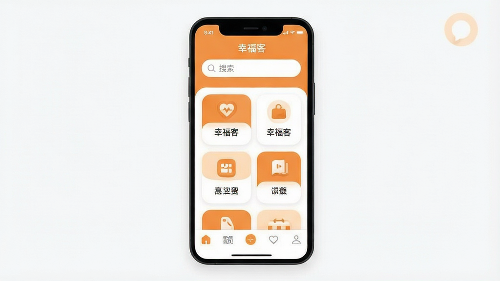 一幅现代简约风格的应用界面预览图,主体为智能手机屏幕展示“幸福客”主页面,布局清晰,上方搜索栏,中部卡片式功能模块,下方导航栏。排版采用网格状分布,色彩以暖橙色与白色为主,风格扁平化,细节突出图标圆润,画质高清,干净无多余元素。
