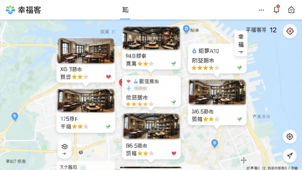 展示“幸福客”智能推荐功能的界面截图,主体为地图背景上分布着多个商户标签卡片,布局错落有致,排版采用瀑布流形式,风格清新明亮,细节包含距离标识与评分星级,画质清晰,干净无多余元素。