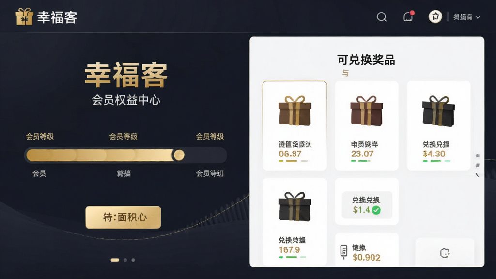 展示“幸福客”会员权益中心的界面,主体为会员等级进度条与可兑换奖品列表,布局分栏,排版规整,风格商务,细节包含金色点缀与积分数字,画质清晰,干净无多余元素。