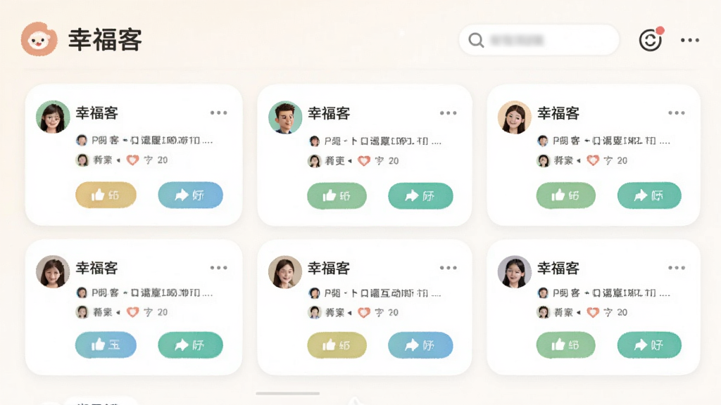 呈现“幸福客”社区互动圈层的聊天界面,主体为多则动态卡片排列,布局线性,排版统一,风格活泼,细节显示用户头像与互动按钮,画质柔和,干净无多余元素。
