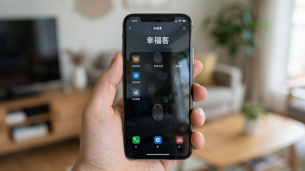 展示“幸福客”在手机上的运行环境,主体为一部手机握在手中,屏幕显示应用主界面,背景为模糊的室内环境,布局居中,排版自然,风格生活化,细节体现屏幕反光与指纹痕迹,画质真实,干净无多余元素。