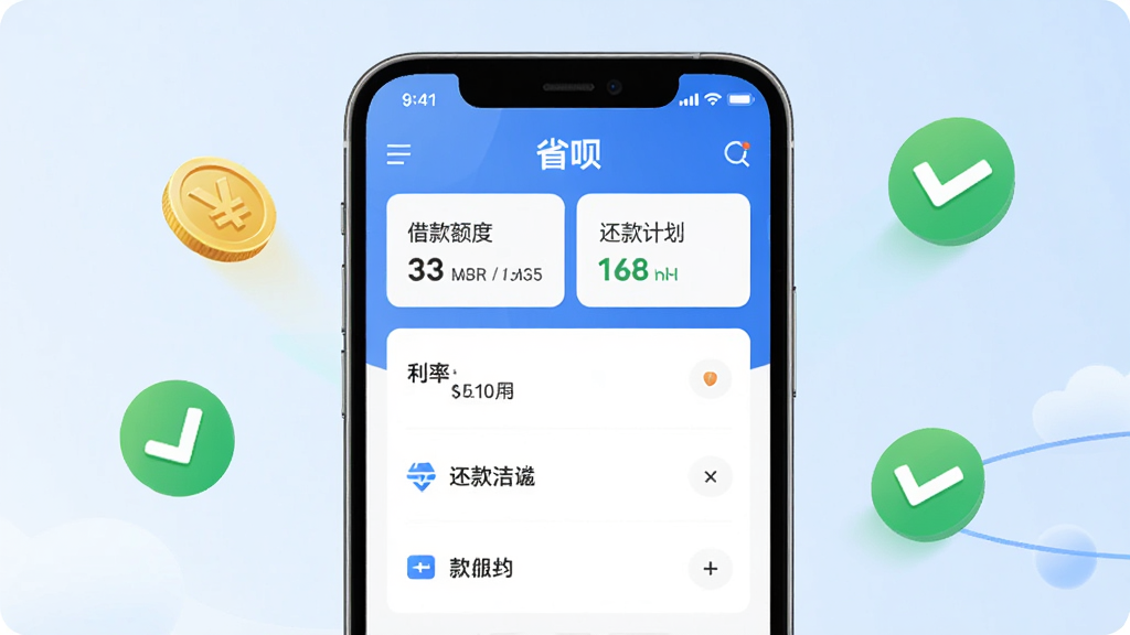省呗APP主界面展示,手机屏幕显示借款额度、利率、还款计划等信息,界面简洁现代,背景为淡蓝色渐变,手机居中放置,周围有金币和绿色对勾图标,整体风格清新明亮,画质清晰,干净无多余元素