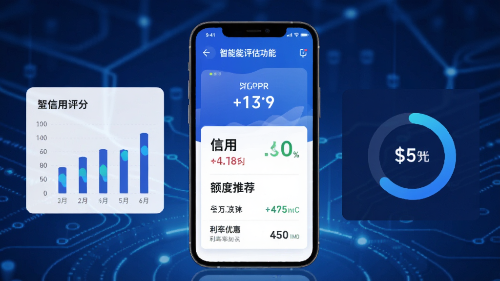 省呗智能评估功能界面,手机屏幕显示信用评分、额度推荐、利率优惠等信息,旁边有数据图表和评分圆环,背景为蓝色科技感风格,手机居中,画质清晰,干净无多余元素