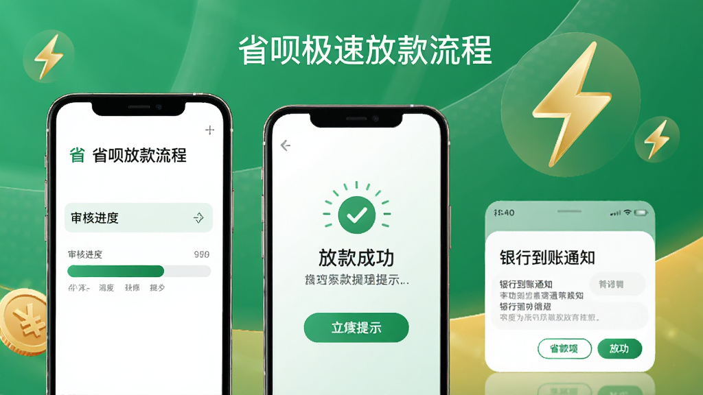 省呗极速放款流程展示,手机屏幕显示审核进度条、放款成功提示、银行到账通知,背景为绿色和金色搭配,有闪电图标和钱币元素,整体风格现代简洁,画质清晰,干净无多余元素